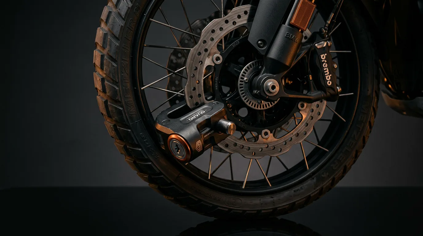 Féktárcsazár a BMW R 1300 GS első féktárcsáján — stúdiófelvétel